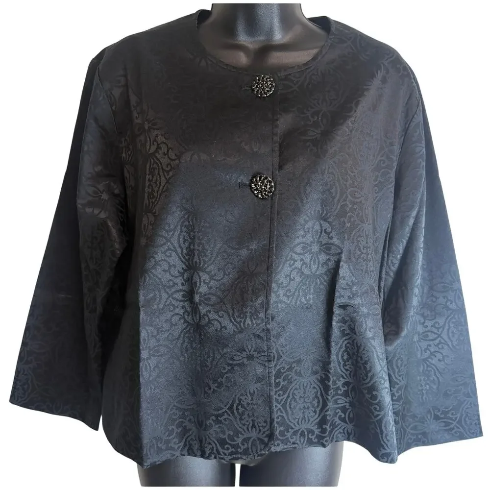 Chico’s Allaro 7/8 Sleeve Jacket Womens Size 2 Black Scroll Pattern Button New - Picture 1 of 11